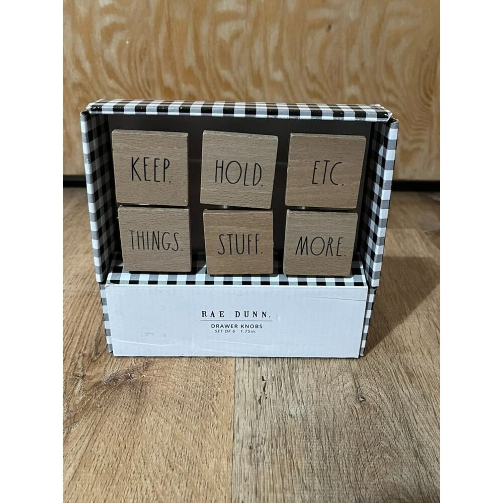 VHTF NWT Rae Dunn Set Of 6 Wooden Drawer Knobs 1.75" With Text Design
